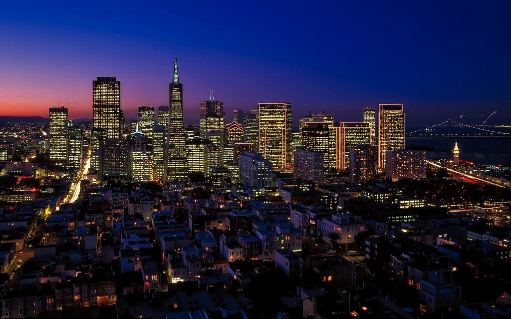 Panoramic city skyline during golden hour